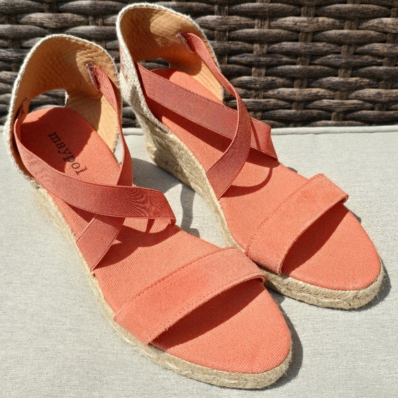 Maypol Spain Suede Coral Orange Wedges Sandals Elastic Bands Canvas Size 8.5 - Picture 2 of 7